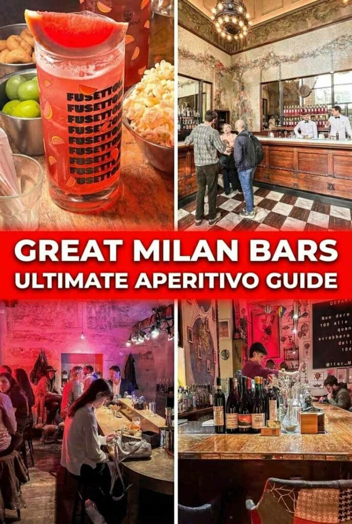 Four-image quad grid showcasing Milan aperitivo bars, cocktails, and the city's vibrant drinking culture