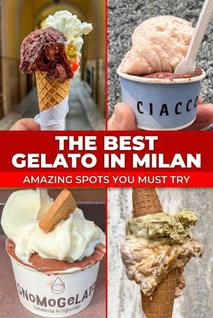 Four-image quad-grid collage showcasing vibrant scoops and cups from the best gelato shops in Milan, Italy.