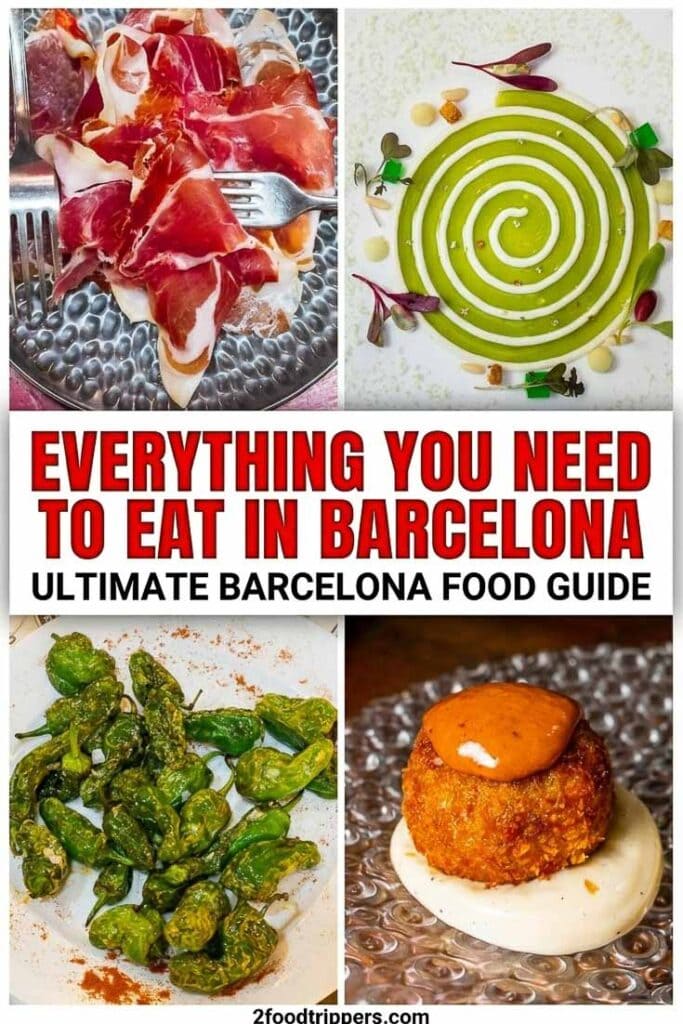 Four-image quad-grid collage showcasing must-eat Barcelona food favorites