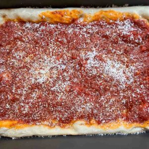 Finished Tomato Pie Topped with Pecorino
