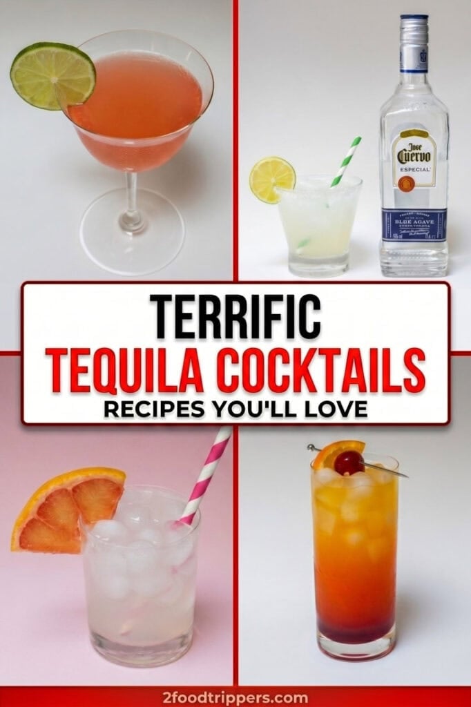 Four-image quad-grid featuring four tequila cocktail variations