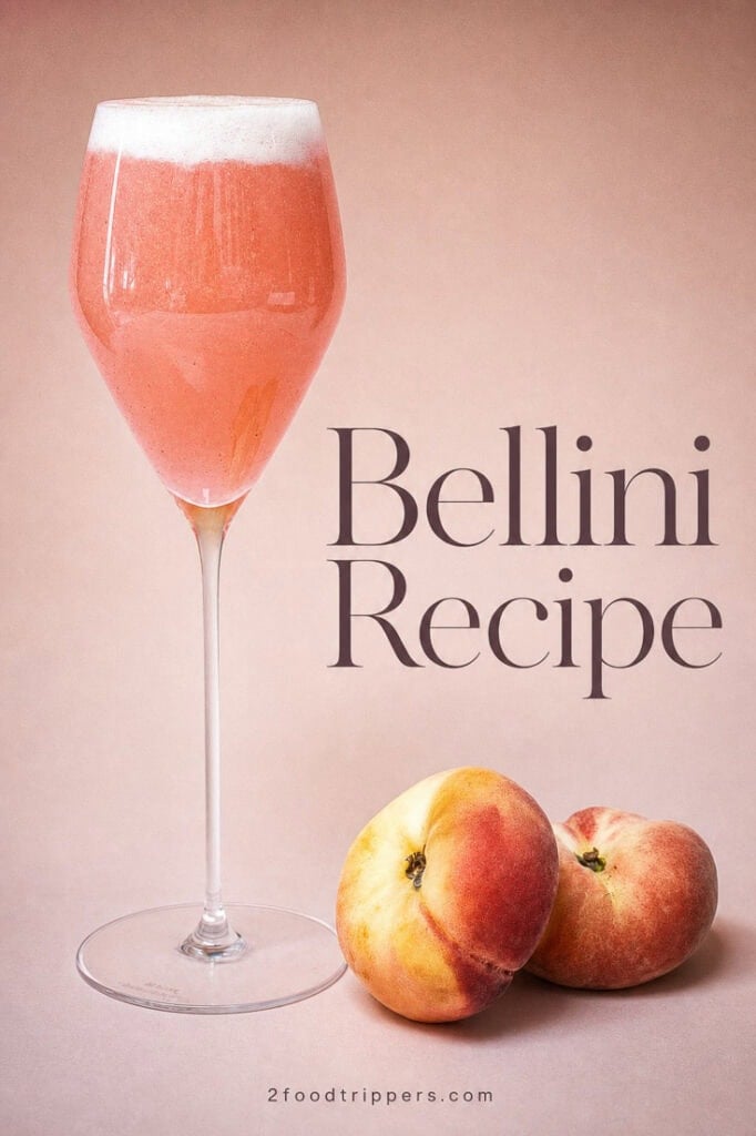 Bellini cocktail and peaches with text reading 'Bellini Recipe'