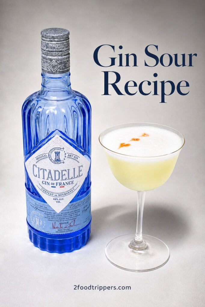 Gin sour cocktail next to a gin bottle with text reading 'Gin Sour Recipe'