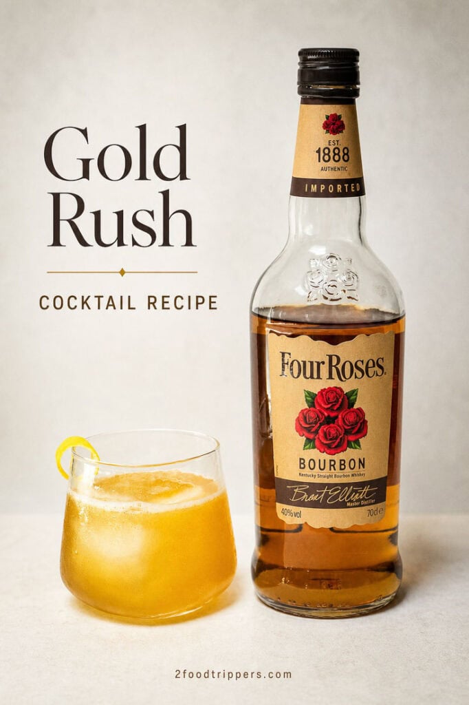 Gold Rush cocktail and bourbon bottle with text reading 'Gold Rush Cocktail Recipe'