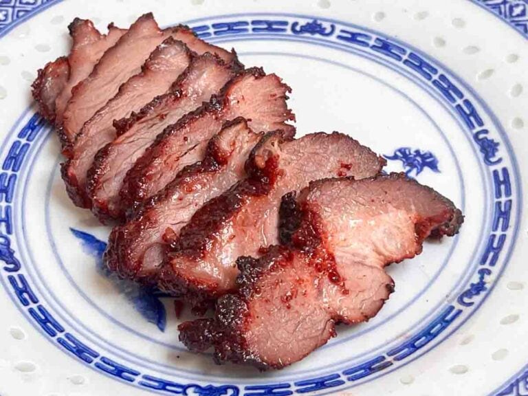 Sliced Char Siu Pork on a Chinese Blue and White Plate