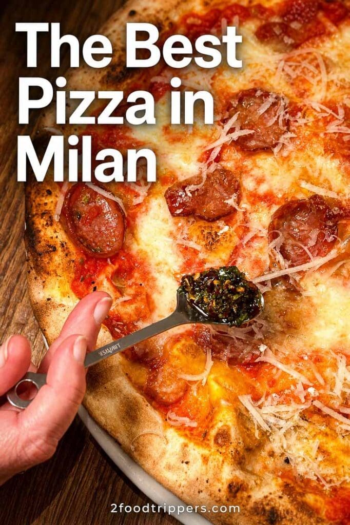 Pizza with text reading 'The Best Pizza in Milan'