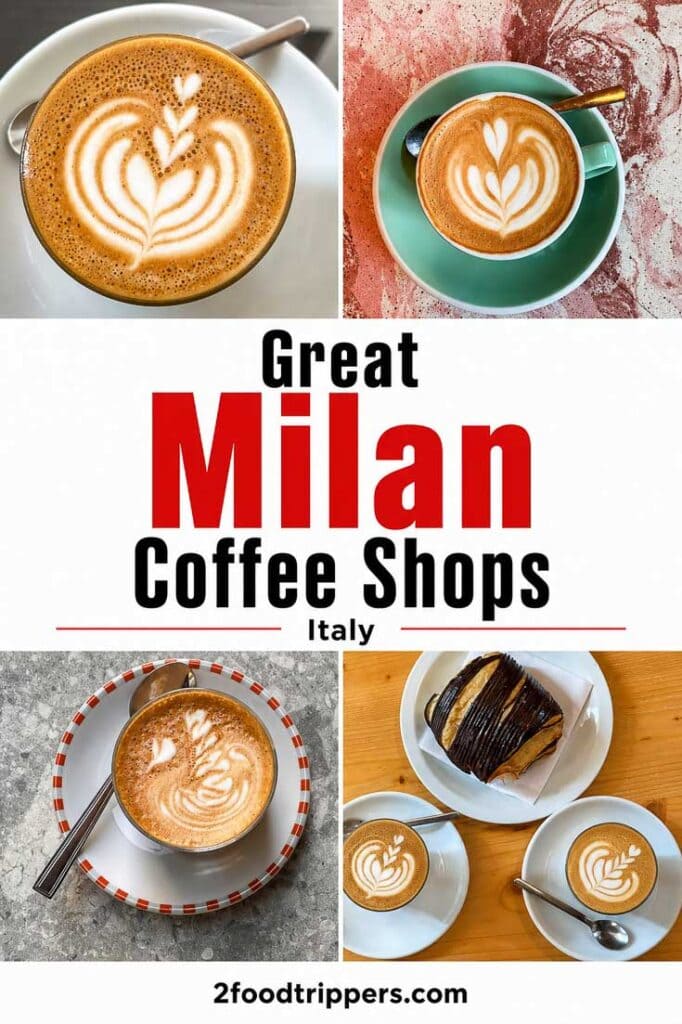 Four coffees with text reading 'Great Milan Coffee Shops Italy'