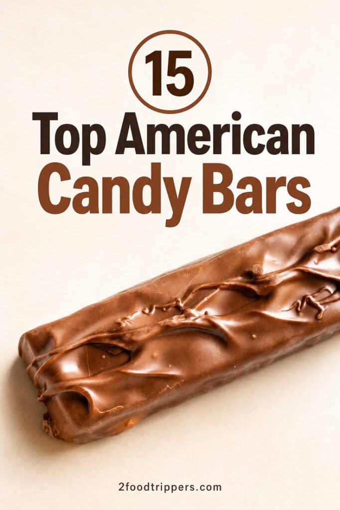 Snickers bar with text reading '15 Top American Candy Bars'