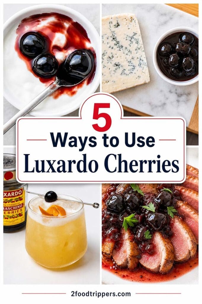 Four food photos with text reading '5 Ways to Use Luxardo Cherries'