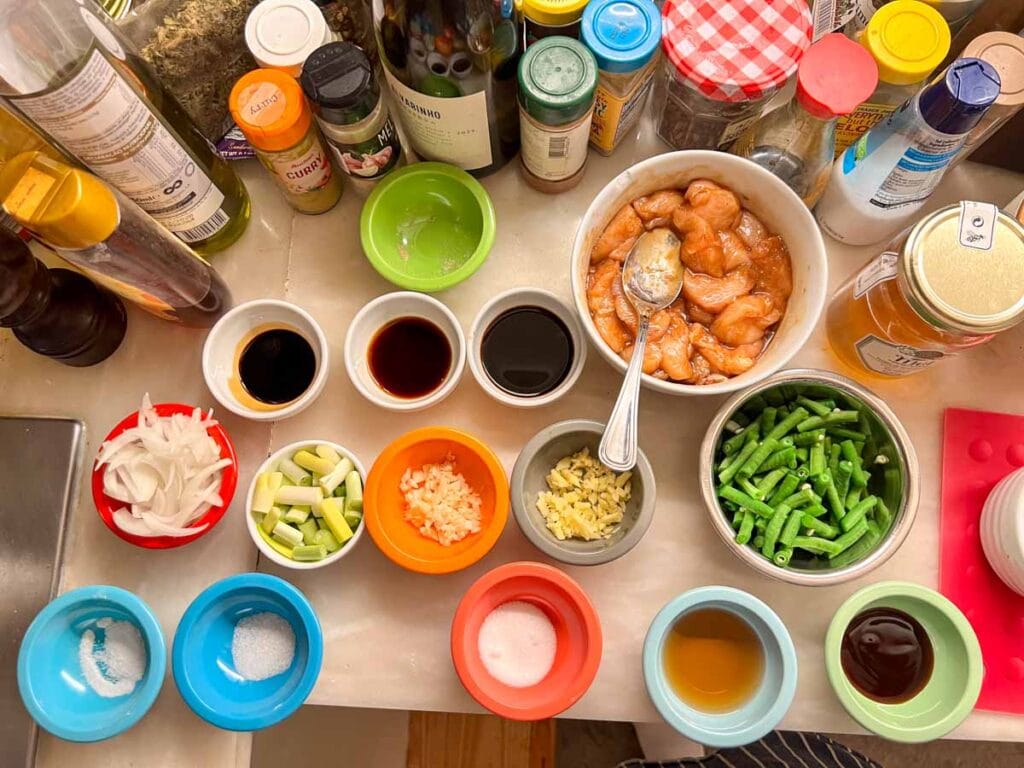Mise en place on a counter ready for cooking