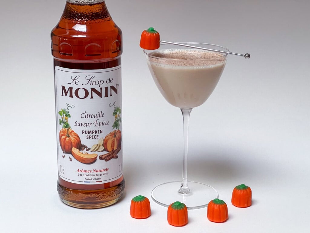 Pumpkin Spice Martini and Pumpkin Spice Syrup Bottle and Candy Pumpkins