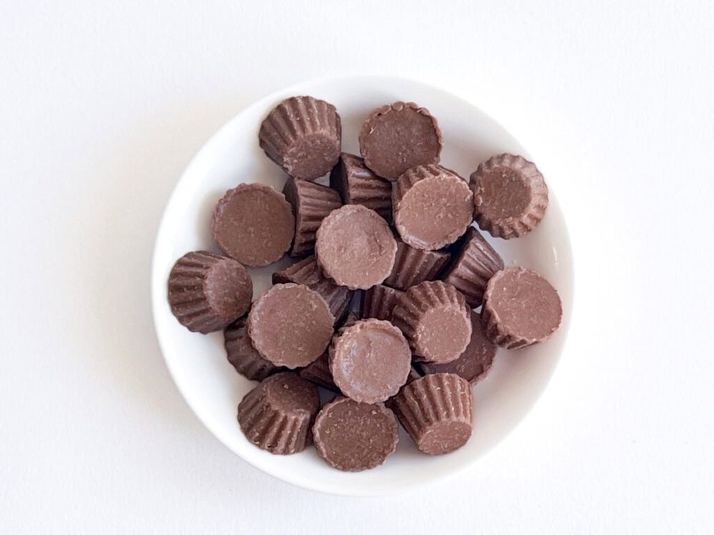 Reeses Mini Peanut Butter Cups in White Bowl