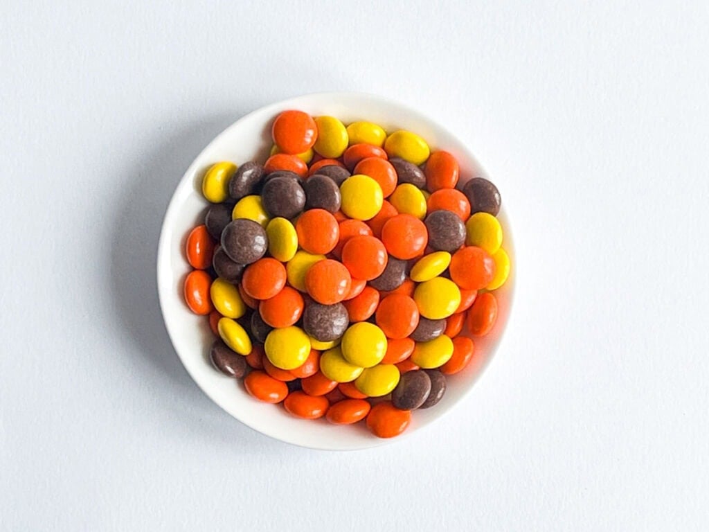 Reeses Pieces in White Bowl