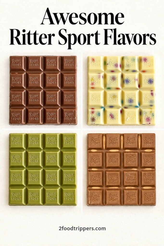 Four Ritter Sport bars with text reading 'Awesome Ritter Sport Flavors'