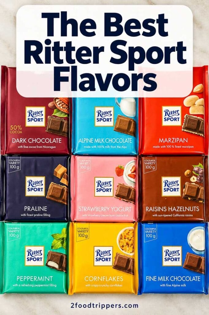 9 Ritter Sport Bars with text reading 'The Best Ritter Sport Flavors'