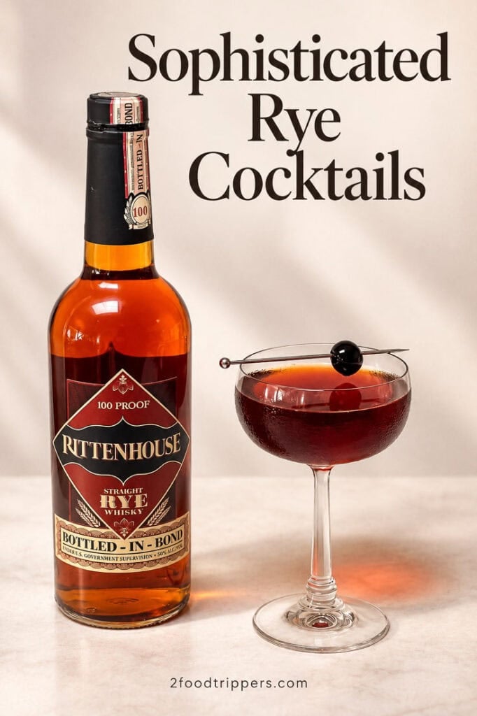 Rye bottle and rye cocktail with text reading 'Sophisticated Rye Cocktails'