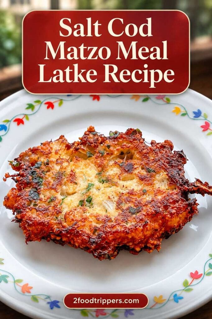 Salt cod latke with text reading 'Salt Cod Matzo Meal Latke Recipe'