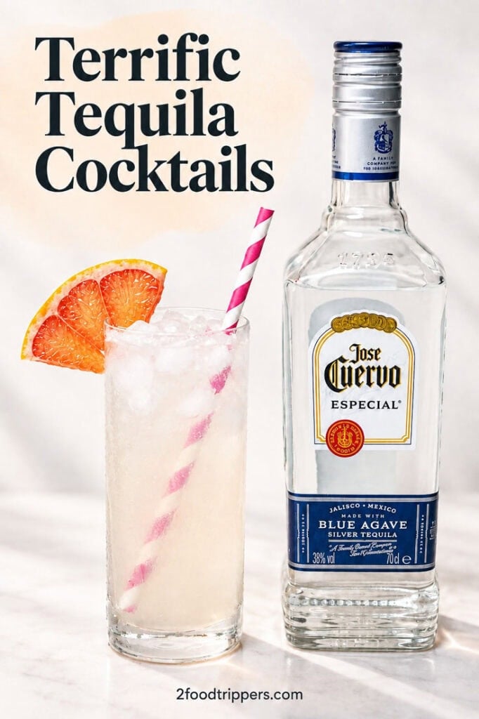 Cocktail and tequila bottle with text reading 'Terrific Tequila Cocktails'