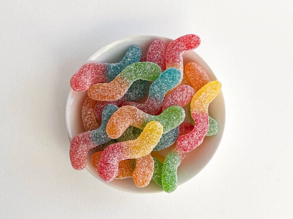 Trolli Saure Glühwürmchen in White Bowl