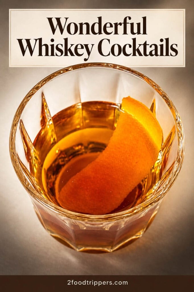 Cocktail with text reading 'Wonderful Whiskey Cocktails'
